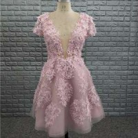 Short Blush Pink Homecoming Party Dresses With Pearls Handmade Flowers Graceful Girls Prom Cocktail