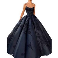 Navy Blue Elegant Prom Gown Spaghetti Straps Applique Vestidos De Fiesta Ball Gown Prom Dress 2018