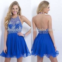 2014 Sexy Blue Halter Backless Chiffon A-Line Homecoming Dress With Heavily Crystal Accent Short Pro