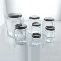 High Quality Storage Bottles Hexagon Shape Honey Jam Glass Jar With Mental Black Lids