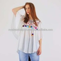 Glamorous Perfect Summer White Cotton Wide Angel Wing Sleeves Embroidered Festival Pom Pom Top/Blous