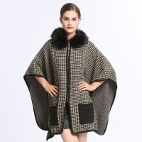Houndstooth Zipper Cape Cloak Shawl with Fur Hood