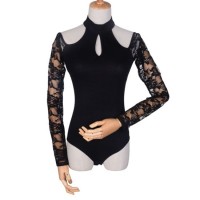 Black Sheer Long Sleeve Mesh off Shoulder Women Sexy Lingerie Bodysuit