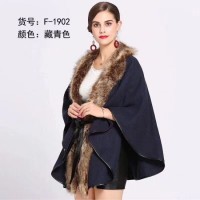 Autumn Winter New Product Large Size Loose Faux Fox Fur Collar Tassel Knit Cardigan Shawl