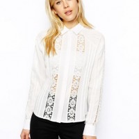 Stand Collar Long Sleeve Chiffon Lace Blended Blouse for Women