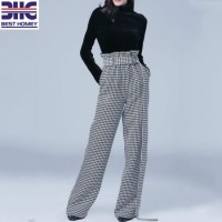 Ladies Black and White Plaid Long Pants with Detachable Waistband