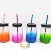 Customized Printing Color Painted Clear Glass Mason Jar with Lid Straw