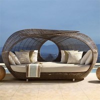 Small MOQ Wicker Garden Furniture Outdoor Daybed Round Rattan Sunbed Lounge