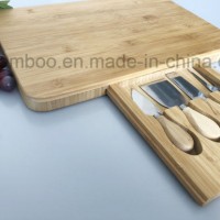 Rectangle Bamboo Chopping Board with Hidden Drawer 4 Piece Knife for Vegetable  Bread  Cheese  Pizza