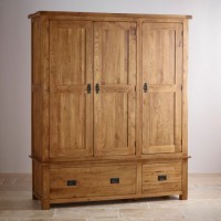 Rustic Vintage Oak Solid Wood Bedroom 3 Doors with Drawers Large Wardrobe Armoire