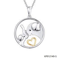 Two-Tone S925 Silver Elephant Mother Child And Heart Pendant
