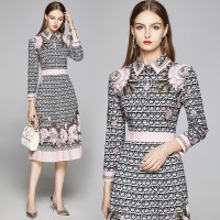 Spring Summer Fall Floral Print Collar Womens Midi Dress