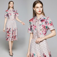 Spring Summer Fall Floral Print Bow Tie Womens Midi Dress