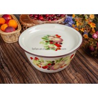 High Quality Thickened Enamel Bowl with Beautiful Decal and Flat Cover