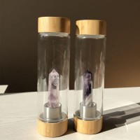 OEM Creative Magic Natural Crystal Wand Rose Quartz Column Water Glass Bottle with Bamboo Lid