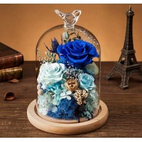 Preserved Blue Roses Flower in Glass From Kunming with LED Light