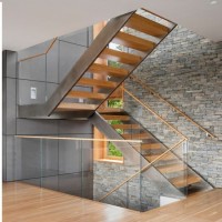 Solid Wooden Stairs Steps L Shape Metal Staircase with Tempered Glass Balustrade for Luxury Villa