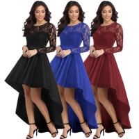 Fashion Long Sleeve Lace High Low Satin Prom Evening Dress