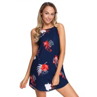 Women Blooming Red Flower Print Navy Sleeveless Summer Dress