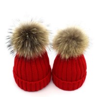 Winter Warm Custom Knit Fleece Parent-Child Real POM POM Beanie Hats