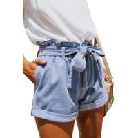 2019 Women Light Blue Paper Bag Waist Jeans Denim Shorts