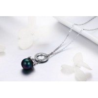 100% 925 Sterling Silver Circle Black Imitation Pearl Elegant Pendant Long Chain Necklace Silver Jew