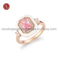 Pink Gemstone CZ Ring White enamel with AAA Cubic Zircon Silver Ring Wholesale Jewelry