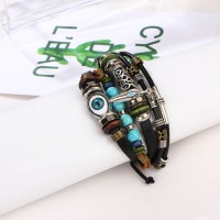Wholesale New Blue - Eyed Bracelet with Beaded Multi - Layered Leather Bracelet Vintage Hollowed-out