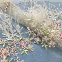 3D Feather Embroidery Beads Lace Fabric