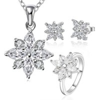 925 Sterling Silver Plated Jewelry Set with Zircon Flower Shape Necklace Earring and Rings