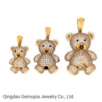 14K Solid Gold Fashion Jewelry Cute Teddy Bear Pendant with Clear CZ Sweater Necklace