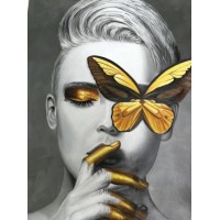 Modern Lady Face Canvas Oil Painting with Golden Butterfly
