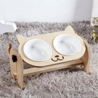 Raised Cat Dog Bowls Stand Cute Cat Bamboo Pet Product