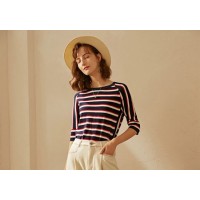 Fashion Clothes Stripe Trim Women Long Sleeve Cotton T-Shirt