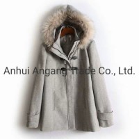 Ladies Horn Button Wool Coat with Hoody
