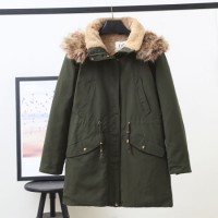 Women's Olive Green Pake Padding Jacket Coat with Fake Fur Hoody
