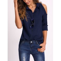 2017 High Quality Women Open Shoulder Collared Navy Blue Shirts
