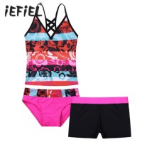 3PCS Kids Girls Tankini Floral Printed Beachwear Swimsuit Swimwear