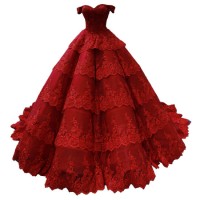 Red Prom Gown Lace Puffy Bridal Ball Gowns Wine Color Accent Wedding Dresses 2021 E1914