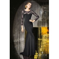 2019 Sexy Lace Boat Neck Vintage Mermaid Evening Dresses with Long Sleeve Black Chiffon Blackless