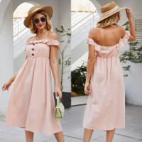 off Shoulder Viscose Cotton Pink Ruffles Strapless Beading Lace Prom Cocktail Dresses