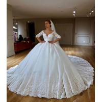 1/2 Sleeves Bridal Ball Gown Lace Beaded Custom Arabic Wedding Dress 2021 SA20178