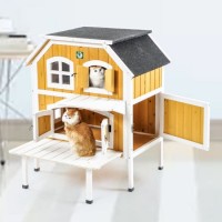 Cat Villa Wooden Deluxe Elevated Cat House with Porch and Balcony