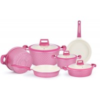 High Quality Pink Color Crystal 12PCS Styles Non-Stick Cookware Aluminum Casseroles with Fry Pan