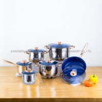 Factory Wholesale 12PCS Stainless Steel Cookware Set - Blue / Green Glass Lid