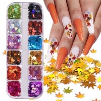 12-Grid Autumn Fall Maple Leaf Nail Sequin Sticker Accessories for Nail Art Design
