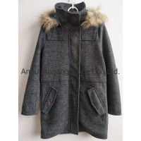 Ladies Woven Jacquard Grey Wool Coat with Hood