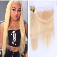 Cheap Brazilian Straight 613 Blonde 3 Bundles Virgin Human Hair Weave Bundles with Closure Ear to Ea