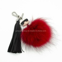 Gifts China Manufacturer Fox Fur POM with PU Tassels Keychain