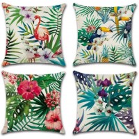 Home Decorative Throw Pillow Covers Flamingo Pattern&Tropical Flower Leaves Outdoor Pillow